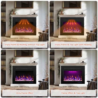 29.6" W Rear Electric Fireplace Inserts with 3 Flame & Top Light, Recessed Fireplace Heater with Thermostat, 750/1500W, Crackling Sound, Logs & Crystals, Timer, No Wall Mount - size: 33"W25"H