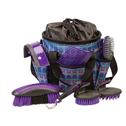 Weaver Equine Horse Grooming Kit, 7-Piece Horse Brush Set with Organizer Tote Bag, Hoof Pick, Comb, Sweat Scraper, Equine Tools for Daily Grooming, Purple Geo - color: Purple Geo