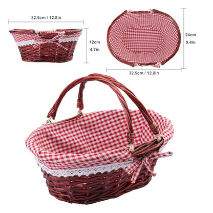 2 Pack 12.6 Inch Brown Wicker Basket with Checkered Lining, Oval Wicker Woven Basket with Handle, Willow Woven Picnic Baskets for Picnic, Camping, Party(Small) - size: 2 Pack 12.6in Brown