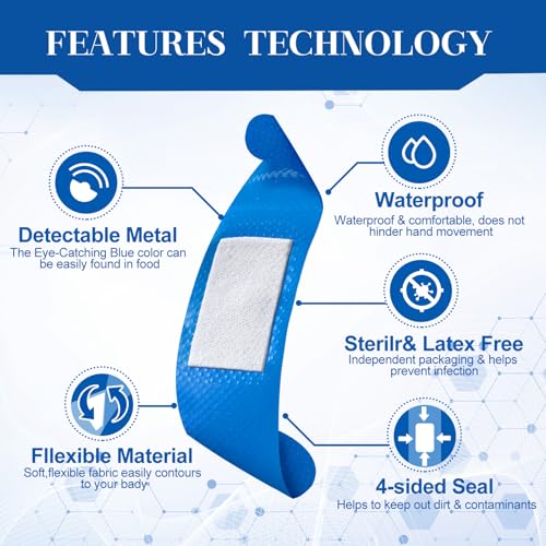 Geiserailie 800 Pcs Blue Bandages 3 ''x 1'' Food Service Metal Detectable PE Waterproof Adhesive Bandages Bulk Sterile Processing Non Stick Pad Latex Free for First Aid & Wound Care Protection