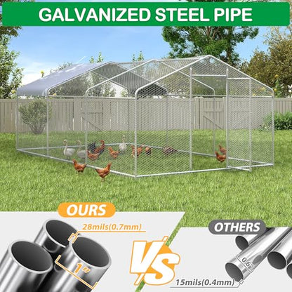 Large Metal Chicken Coop, Walk-in Chicken Run Pen with Waterproof Cover, Spire Roof Hen House Poultry Cage for Outdoor, Backyard, Farm(8.9x19 FT) - size: 227.0"L x 107.5"W x 77.0"H