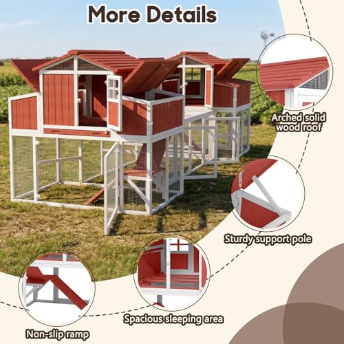 Extra Large Connected Chicken Coop with Center Run for 6–10 Chickens, Dual Wooden Hen Houses, 2-Tier Elevated Design, Nesting Boxes, Pull-Out Tray, Reinforced Frame, Red - color: Red