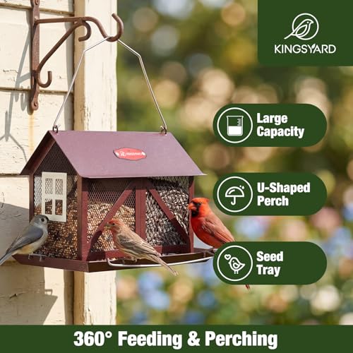 Kingsyard Metal Bird Feeder for Outdoors Hanging, 2-in-1 Wild Bird Feeder with Seed Tray & Built-in Perch, 5 lb Large Capacity for Cardinal Chickadee Finch, Bronze - color: Bronze