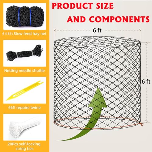 Large Round Bale Hay Net, Slow Feed Knotless Design Hay Net Feeder for Livestocks,Heavy Gauge Large Hay Net for Horses, Cattle, Sheep in Farms and Pastures, 1.75-inch Mesh (6×6ft) - color: 6×6 ft