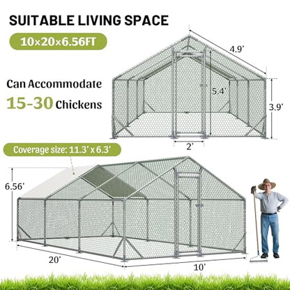 Metal Chicken Coop 20×10×6.56FT,Chicken Run Pen with Spire Roof,Water-Proof and UV-Proof Cover,Secure Mesh Walk-in Hens Fence with Lockable Door,Poultry Cage for Small Animal Like Hens,Ducks,Rabbits - size: 240.0"L x 80.0"W x 80.0"H
