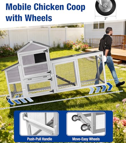 Chicken Coop with Run Mobile Large Chicken Coop with Wheels Duplex Chicken Cage with Slide-Out Tray Waterproof Roof Outdoor Backyard Hen House Grey - color: Grey
