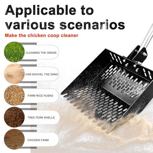 12inch Width Heavy Duty 2-in-1 Chicken Poop Scooper & Rake, Stainless Steel Chicken Coop Litter Sifting Shovel with Ergonomic Grip & Adjustable Angle, Sand Scoop for Coop, 37-54 Inch (12inch) - size: 12inch