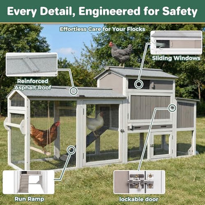 Large Chicken Coop with Run for 6-12 Chickens, Mobile Outdoor Hen House Chicken Tractor with Full Asphalt Roof, Wheels, Wooden Poultry Cage with 4 Nesting Box, Pull-Out Tray & Fun Swing - color: Grey