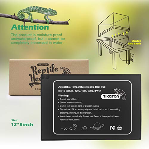 Tikaton Reptile Heat Pad - Adjustable Temperature Under Tank Heater for 10-20gal/30-40gal Tank, Terrarium Heat Mat for Turtle/Snake/Lizard/Frog/Spider/Plant Box - size: 1 Pack-12" X 8"
