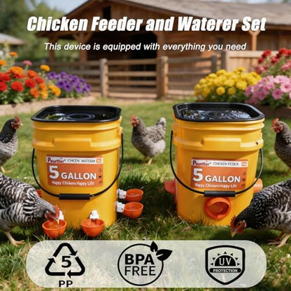 5 Gallon/44 Lbs Automatic Chicken Feeder & Waterer Set with Buckets, No Waste Feeder Port & Waterer Cup, Rain Proof Poultry Feeders, Keeps Out Small Animals, Ideal for Duck, Chick & Turkey