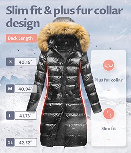 CREATMO US Women's Long Winter Faux Fur Coat Puffer Warm Jacket with Detachable Hood - color: Shine Black, size: 3X-Large