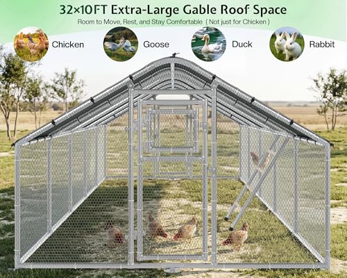 32×10 FT Extra Large Walk-in Chicken Coop, Spire Roof Chicken Run with Cover, Front & Rear Doors, Feeding Door, Roosting Ladder, Galvanized Steel Frame - size: 372.4"L x 118.1"W x 77.6"H