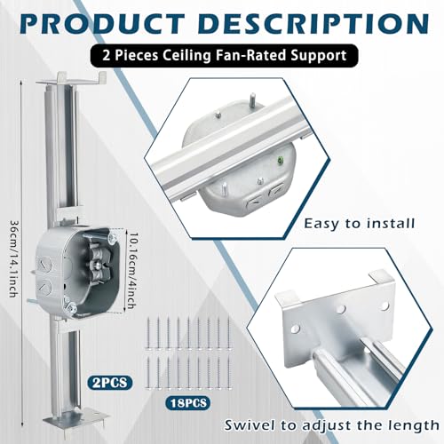 Tandefio 6 Pcs Adjustable Ceiling Fan Bracket Ceiling Mounting Bracket Electrical Box for Fans and Light Fixtures, 14.7 Inches in Length