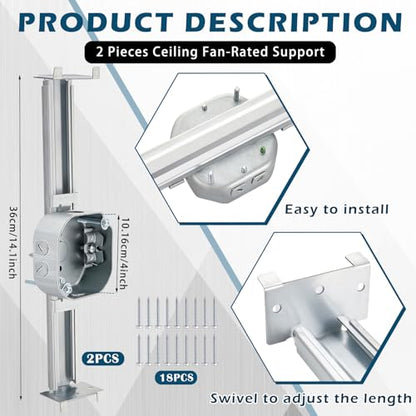 Tandefio 6 Pcs Adjustable Ceiling Fan Bracket Ceiling Mounting Bracket Electrical Box for Fans and Light Fixtures, 14.7 Inches in Length
