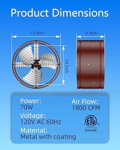 15'' Gable Vent Fan with Thermostat & Remote Control, 1800 CFM Attic Fan, 70 Watts, Up to 2500 Sq Ft, 3 Speeds, 18-Hour Timer, Plug & Play, Auto On/Off Based on Temperature