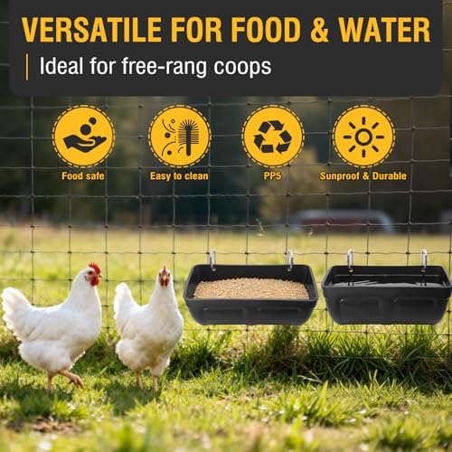 2 Pack Hanging Chicken Feeder Trough for Goat,Sheep,Dog.Livestock Feeding Container Goats Supplies Feeders Waterer Bucket (Black) - color: Black