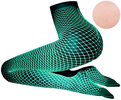 Glow in the Dark Fishnets Stockings, High Waist Tights Party Stockings for Womens - color: Pink-green