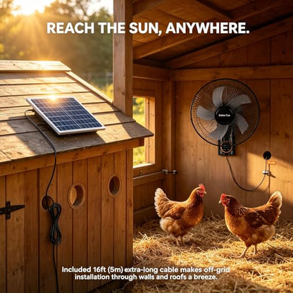 16" Solar Barn Fan for Chicken Coop and Greenhouse, Exhaust Wall Mount Fan with Remote, 16ft Extension Cable AC/Solar Dual Power, 90° Oscillating Waterproof Garage Cooling System