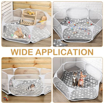 VitalCozy Hamster Playpen with Mat Small Animal Cage Tent Breathable Transparent Guinea Pig Playpen Waterproof Portable Yard Fence Mat Foldable Exercise Playpen Outdoor Indoor (Gray,Star) - color: Gray