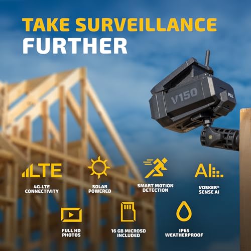 Vosker V150 Construction Pack Outdoor Solar Powered 4G LTE Security Camera, No Wi-Fi Needed, Motion Alerts and Night Vision, Wireless Surveillance for Jobsite