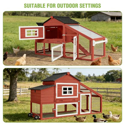 GUTINNEEN Large Chicken Coop with Wheels, Expandable Mobile Chicken House for Outdoor Use, Hen House Poultry Cage with Nesting Box, Leakproof Pull-Out Tray & UV-Resistant Roof – Red - color: (Red)