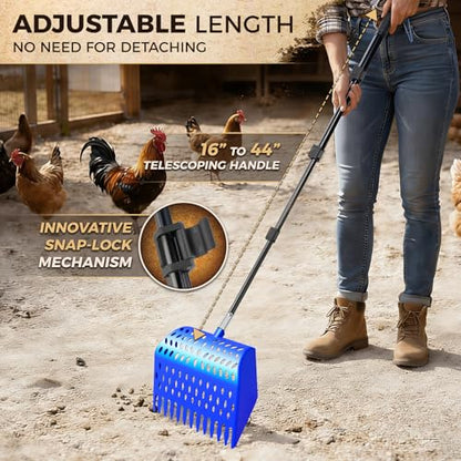 Chicken Poop Scooper & Rake 3 in 1 - Aluminum Alloy Chicken Coop Scoop & Snap-Lock Telescoping Adjustable Handle (16 to 44”), Sand Sifter Shovel for Small Farm Animals US Patent Pending (Aqua Blue) - color: Aqua Blue