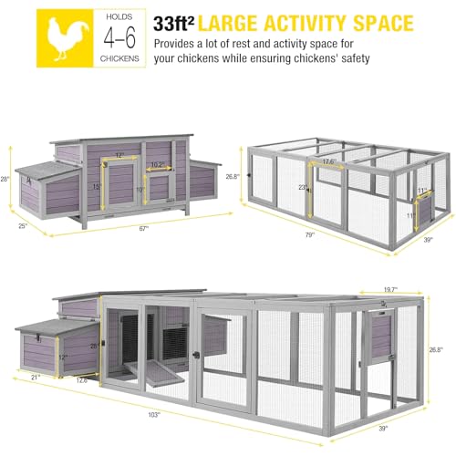 Aivituvin Chicken Coop Outdoor Duck House with Large Run and Two Sided Nesting Boxes for 4-6 Chickens 103" L - size: 103.0"L x 67.0"W x 28.0"H