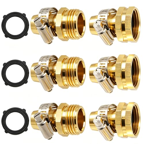 Triumpeek Garden Hose Repair Connector with Clamps | Set of 3 Aluminum Water Hose End Replacement Fit for 3/4" and 5/8" Garden Hose Fittings - color: 3 Sets - Brass