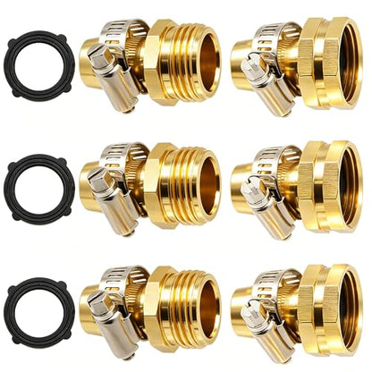 Triumpeek Garden Hose Repair Connector with Clamps | Set of 3 Aluminum Water Hose End Replacement Fit for 3/4" and 5/8" Garden Hose Fittings - color: 3 Sets - Brass