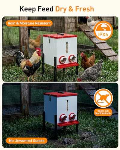 55LB Automatic Chicken Feeder, 40L Metal No Waste Poultry Feeder with Rat-Proof Design, 4 Feeding Ports, Weatherproof Locking Lid, Height-Adjustable Legs for Chickens, Ducks and Geese