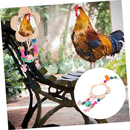 BESPORTBLE Creative Wooden Chicken Hanging Mirror Toy Bell Fun Rooster Hen Activity Mirror for Coop Engaging Design to Relieve Boredom and Promote Healthy Growth