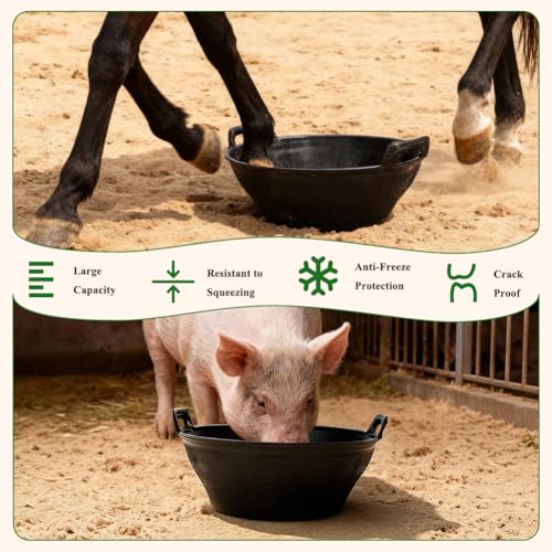 Rubber Feeder Pan, 3.1 Gallon Large Horse Feed Bucket, Heavy Duty Rubber Water Bowl for Livestock, Stackable Chicken Dust Bath Tub for Goats Livestock Animal Feeding Cats Dogs Pigs (6)
