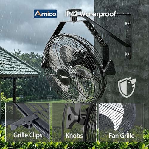 Amico 12 Inch Wall Mount Fan with Remote, 9-Speed Industrial Metal Fan, High Velocity Wall Fan with Brushless DC Motor, 1050 CFM Commercial Fans for Garage, Greenhouse, Warehouse, shop, Patio, Outdoor - size: 12 Inch