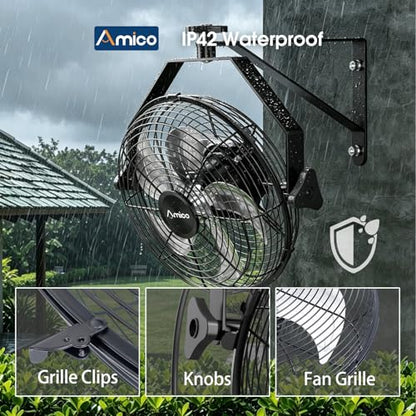 Amico 12 Inch Wall Mount Fan with Remote, 9-Speed Industrial Metal Fan, High Velocity Wall Fan with Brushless DC Motor, 1050 CFM Commercial Fans for Garage, Greenhouse, Warehouse, shop, Patio, Outdoor - size: 12 Inch