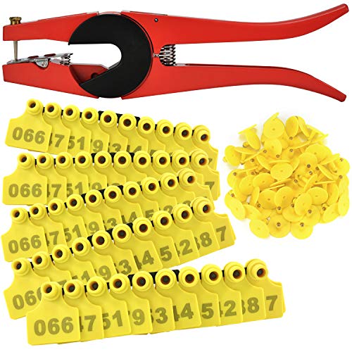 500 Sets Numbered Plastic Livestock Ear Tags for Cattle Pigs Calf Hogs Goat Animal Identification TPU Earring Tagger with 1 pcs Pliers Applicator, Yellow