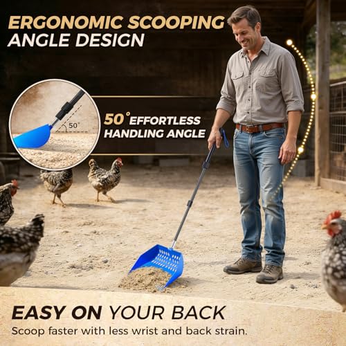 Chicken Poop Scooper & Rake 3 in 1 - Aluminum Alloy Chicken Coop Scoop & Snap-Lock Telescoping Adjustable Handle (16 to 44”), Sand Sifter Shovel for Small Farm Animals US Patent Pending (Aqua Blue) - color: Aqua Blue