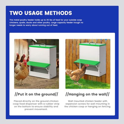 25lb Automatic Chicken Feeders Metal Poultry Feeder no Waste Large Chicken Coop Feeders with Lid Hanging Chicken Feeder Trough for Quail Chickens Ducks Feeder Outside Waterproof Chicken Feeder