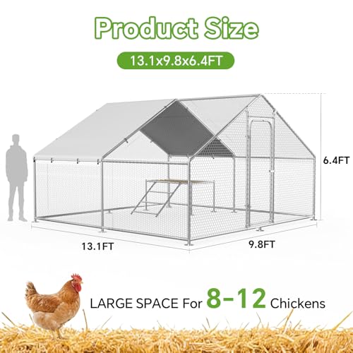 Large Metal Chicken Coop with Roosting Ladder, Waterproof and UV-Resistant Cover,Outdoor Walk-in Cage Hen House for Yard Farm Rabbit Duck Chicken Run, Spire Roof(13.1'W x 9.8'L x 6.4'H) - size: 157.5"L x 118.0"W x 78.0"H