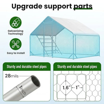 Large Metal Chicken Run Coop Walk-in Poultry Cage with Roosting Bar, Reinforced Chicken House/Pen - Waterproof UV Cover, PVC Coated Wire Mesh for Courtyard Outdoor 9.8'L x 6.5'W x 6.5'H - size: 118.0"L x 78.0"W x 77.0"H