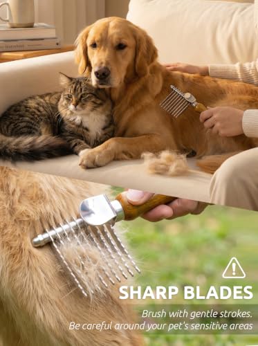 TAKAVU Dematting Comb for Dogs and Cats with Long Hair - 9-Blade Undercoat Rake for Removing Mats, Tangles and Knots - Deshedding Grooming Tool for Doodles and Double-Coated Pets