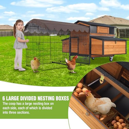 GUTINNEEN Mobile Chicken Coop with All-Around Metal Frame, 76.7" Large Chicken Coops with Super Large Wheels, Outdoor Poultry Cage Hen House with Metal Run for 6-8 Chickens - size: 76"L