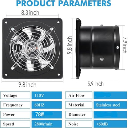 8 Inch Exhaust Fan Metal Ventilation Fan With Switch Window And Wall Mounted Extractor Warehouse Fan With Check Valve For Kitchen, Attic, Garage(Black) - style: 8 inch with switch (Black)