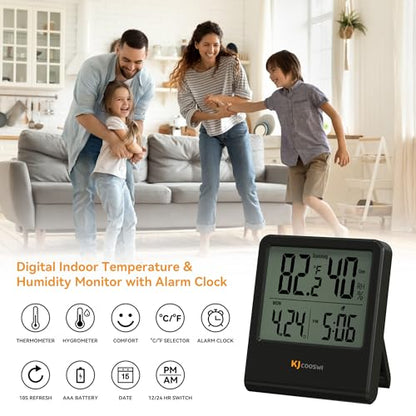Indoor Thermometer, Room Thermometer and Hygrometer with Clock, Temperature and Humidity Meter with Clock, Double Comfort Indicator, Time, Date(Black) - color: Black
