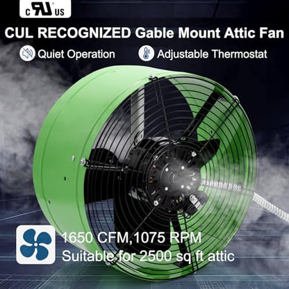 Criditpid 15" Gable Mount Vent Attic Fan for Gable, Home, Shed, Garage, Portable Building, Exhaust Ventilation Fan with Adjustable Thermostat 1650CFM, 1075RPM, 3.4A, 2500 Sq.Ft Coverage Area, Green. - color: 1650CFM