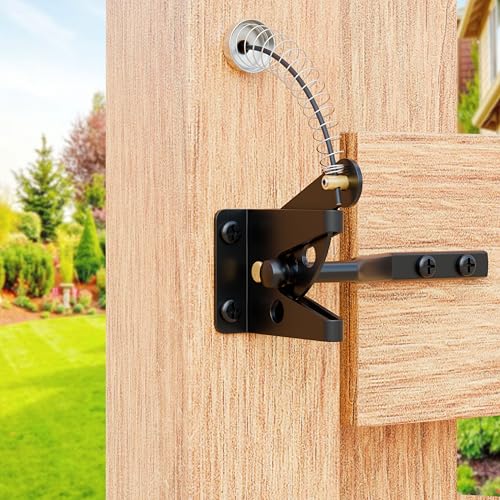 Self Locking Gate Latches with Spring Cable Pull, Post Mount Automatic Gravity Lever Gate Fence Door Lock for Wooden Fence/Vinyl Door/Aluminum Gate, 1 Pack