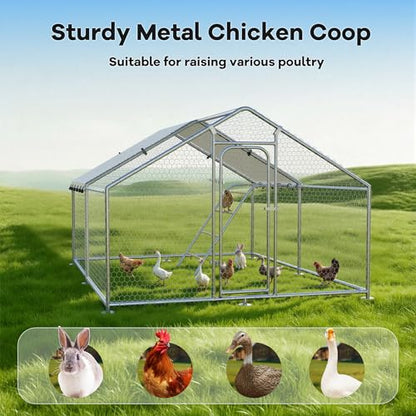 Large Metal Chicken Coop Walk-in Poultry Cage with Waterproof Roosting Perch and UV-Resistant Cover, Outdoor Chicken Run for Backyard Farm Use,Spire Roof(10'W x 13.2'L x 6.4'H) - size: 13x10Ft-Spire