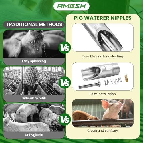 20Pack Pig Waterer Nipples, NPT 1/2" Stainless Steel Automatic Pig Nipple Drinker Feeder Hog Waterer for Sows Piglets Drinking