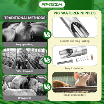 20Pack Pig Waterer Nipples, NPT 1/2" Stainless Steel Automatic Pig Nipple Drinker Feeder Hog Waterer for Sows Piglets Drinking