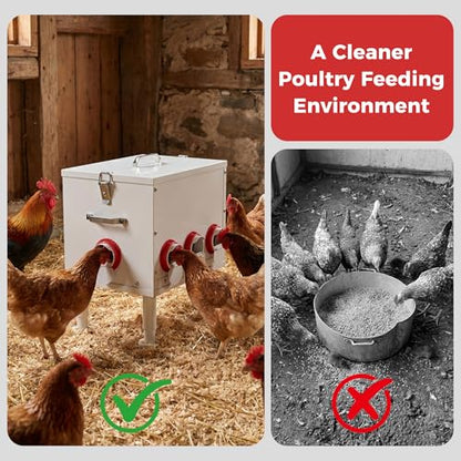 Automatic Chicken Feeder 50lbs Capacity Metal Chicken Feeder with 8 Ports No Waste Chicken Feeder Weatherproof Poultry Feeding Equipment with Handle, Locking Lid & Adjustable Legs for Outdoor