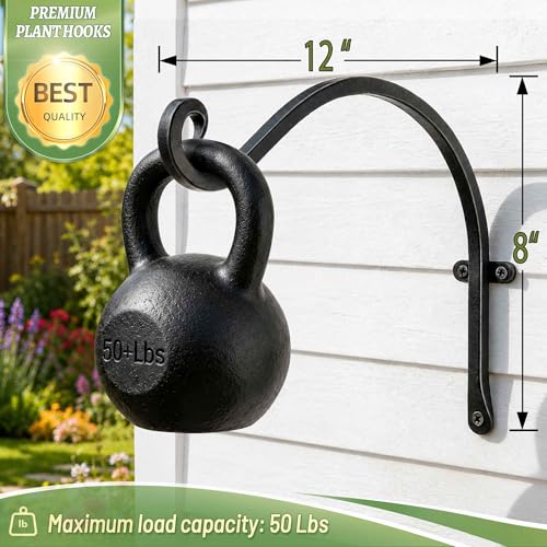 AJART Heavy-Duty Plant Hanger Outdoor - Can Hold 50 Lbs Plant Basket or Large Bird Feeder - 12 Inch Solid Iron Windproof, Rustproof Wall Hooks - with Triangular Stability - 2 Pieces - size: 12 Inch, style: Plant Bracket Hook